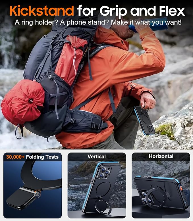 Temdan Magnetic for iPhone 15 Pro Case Waterproof, [Built-in Ring Invisible Stand & Screen Protector][IP68 Underwater][Dropproof][Dustproof][Real 360] Shockproof Protective Phone Case 6.1'' -Blue