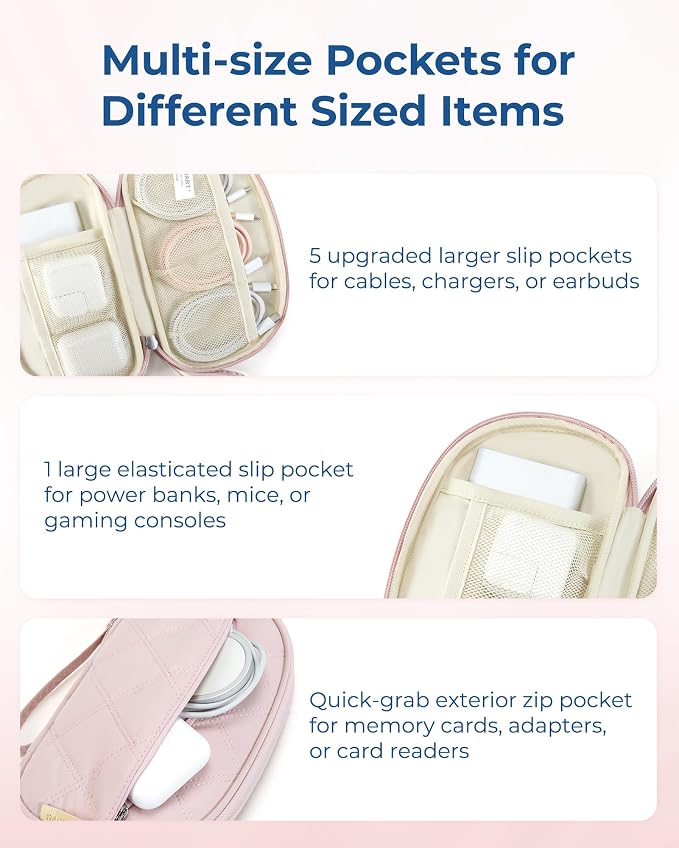 BAGSMART Cord Organizer Travel Cable Bag, Compact Tech Electronic Organizer Travel Case, Essentials for Charger, Cable, Phone, Flash drive - Pink