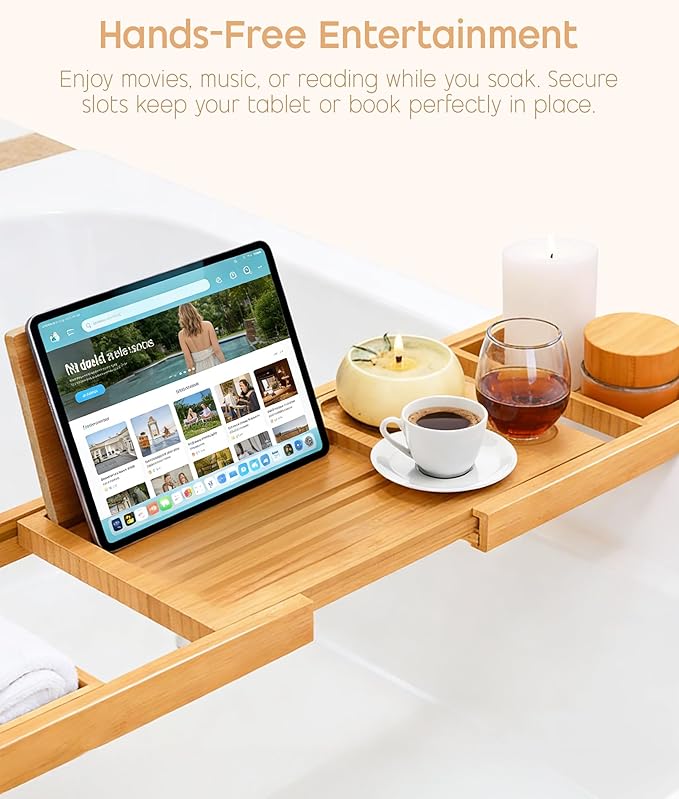 ADOV Bathtub Tray, Foldable Bamboo Bathtub Caddy, Adjustable Bath Tray for Tub with Book Rest, Phone, Tablet, Candle, Towel, Glass Holder, Extendable Wooden Bath-Shelf Fits Most Bathtubs Sizes