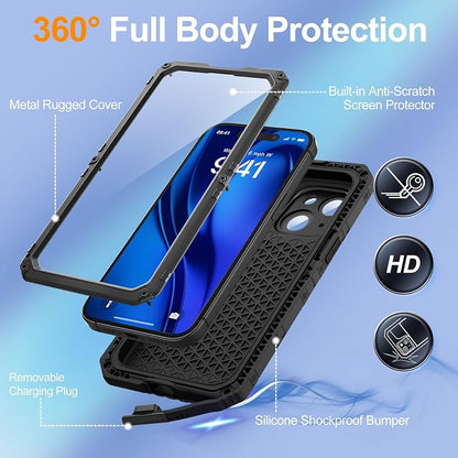 Mitywah Waterproof Case for iPhone 15, Heavy Duty Shockproof Case with Built-in Screen Protector, Full Body Underwater Protective Metal Case 6.1 inch, Black