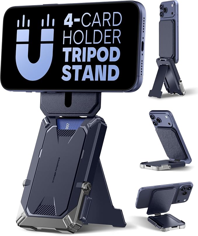 GolbinBox for MagSafe Wallet with Stand, Magnetic Phone Card Holder for Men, Holds 4 Cards with RFID Blocking, Slide-Open Metal Cover, Built-in Kickstand for iPhone 17/16/15/14/13/12 Series, Blue