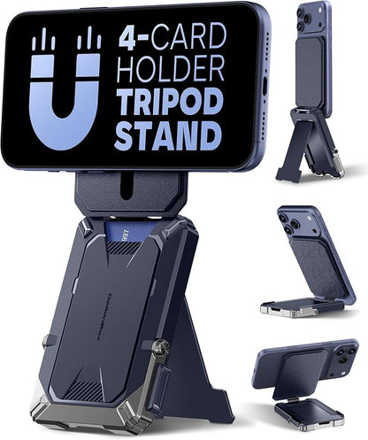 GolbinBox for MagSafe Wallet with Stand, Magnetic Phone Card Holder for Men, Holds 4 Cards with RFID Blocking, Slide-Open Metal Cover, Built-in Kickstand for iPhone 17/16/15/14/13/12 Series, Blue