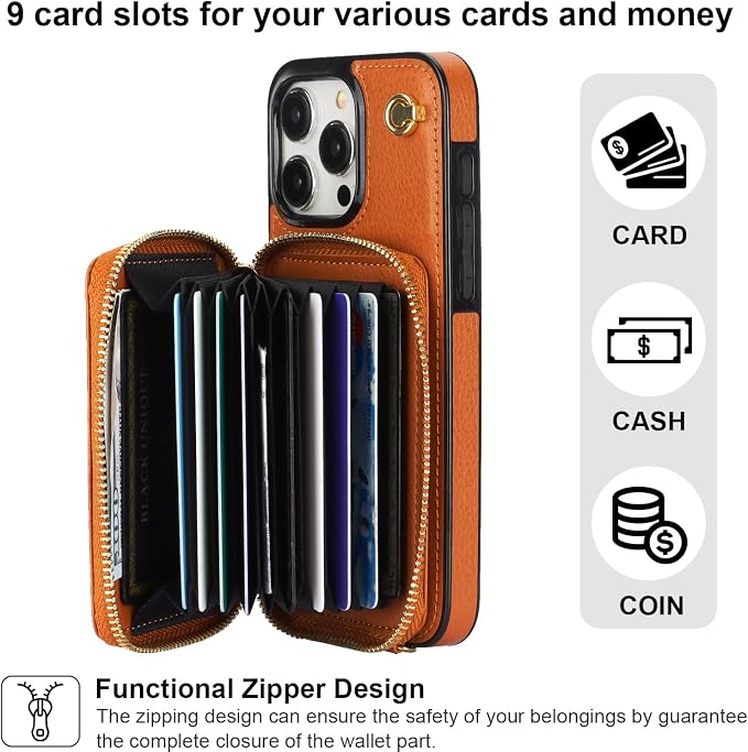 Bocasal Crossbody Wallet Case for iPhone 15 Pro Max, RFID Blocking Leather Purse Case with Card Holder, Protective Handbag Flip Cover with Zipper Wrist Strap Lanyard for Women 5G 6.7 Inch (Brown)