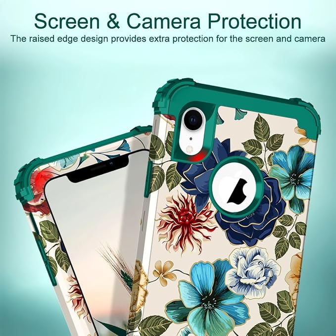 Hocase for iPhone XR Case, Heavy Duty Shockproof Protection Soft Silicone Rubber+Hard Plastic Bumper Hybrid Dual Layer Protective Case for iPhone XR (6.1-inch Display) 2018 - Teal Flowers