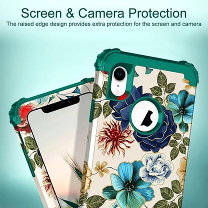 Hocase for iPhone XR Case, Heavy Duty Shockproof Protection Soft Silicone Rubber+Hard Plastic Bumper Hybrid Dual Layer Protective Case for iPhone XR (6.1-inch Display) 2018 - Teal Flowers