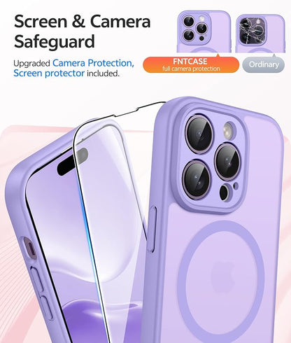 FNTCASE for iPhone 14 Pro Case: [Compatible with Magsafe] Translucent Matte Cases with [Full Camera Protection] [Screen Protector] Military Grade Shockproof Protective Phone Cover - Light Purple