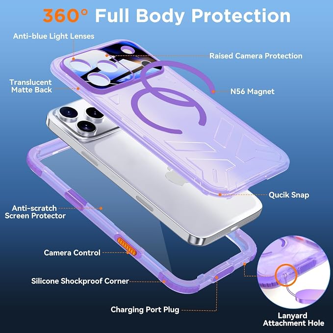 WIFORT for iPhone 17 Pro Waterproof Case, [Fit for Magsafe] with Sapphire Lens & Screen Protector, IP68 Full Body 15FT Military Shockproof, Magnetic Frosted Phone Cover with Lanyard, 6.3" Purple