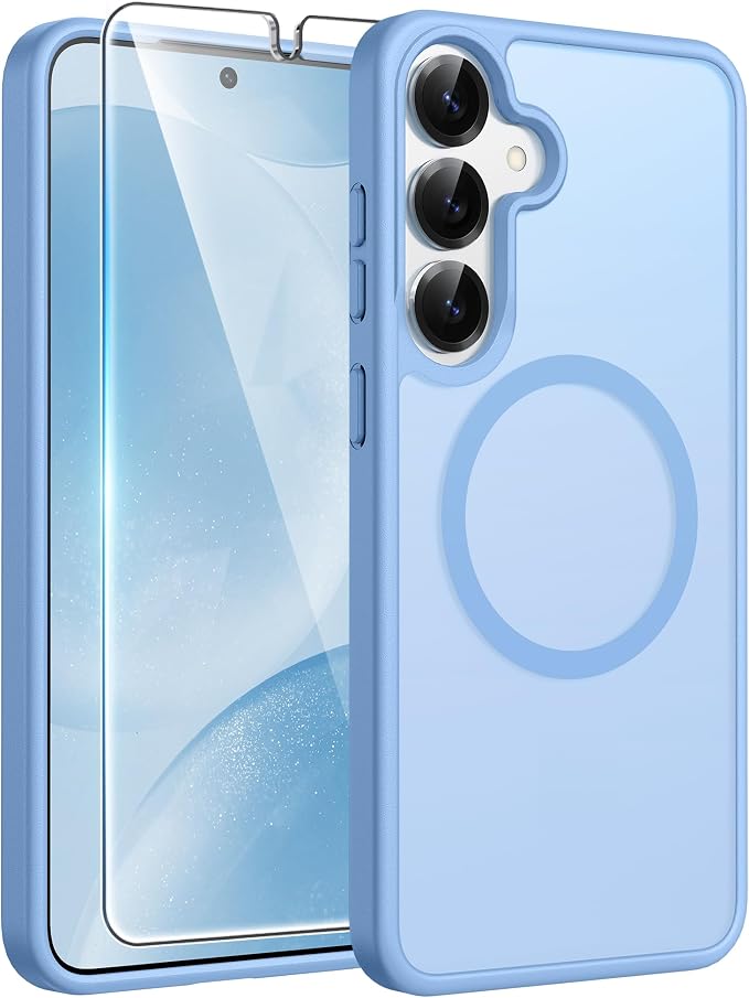 FNTCASE for Samsung Galaxy S25/S24 Case, Fit for Magsafe, Screen Protector | Translucent Matte Magnetic Back, 14FT Military Grade Drop Protection, Shockproof Protective Phone Cover, Light Blue