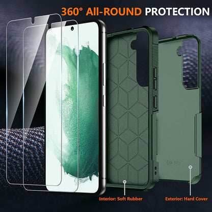 SPIDERCASE Designed for Samsung Galaxy S22 Case, [10 FT Military Grade Drop Protection],2 Pack [Tempered Glass Screen Protector+Camera Lens Protector] Heavy Duty Shockproof Case,Deep Green