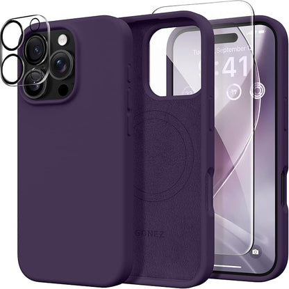 GONEZ Magnetic for iPhone 16 Pro Max Case, Compatible with MagSafe, Liquid Silicone Case, with Screen Protector + Camera Protector, Full Body Protective Shockproof Phone Cover 6.9", Deep Purple