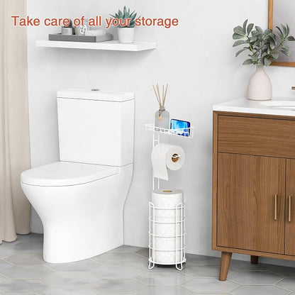 Goozii White Toilet Paper Holder Stand with Shelf, Free Standing Bathroom Tissue Holder for Large Mega Rolls, Metal Floor Toilet Paper Roll Holder with Wipes Storage and Phone Tray (White)