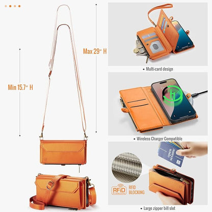 Strapurs Wallet Case Compatible with iPhone 16 6.1" RFID Blocking 7-Card Holder Soft PU Leather Magnetic Snap Shoulder Strap Zipper Pocket Phone Case Fit for iPhone 16 for Women - Orange