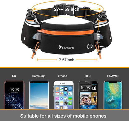 Number-one Running Belt with Water Bottles(2 x 175ML), Hydration Belt Waterproof Waist Pack Bag Fits iPhones Adjustable Sports Waist Pouch for Marathon Running Hiking Cycling