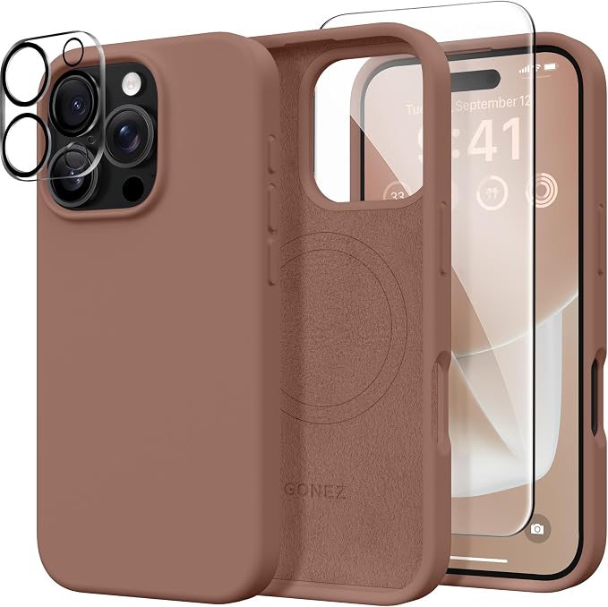 GONEZ Magnetic for iPhone 16 Pro Max Case, Compatible with MagSafe, Liquid Silicone Case, with Screen Protector + Camera Protector, Full Body Protective Shockproof Phone Cover 6.9", Brown