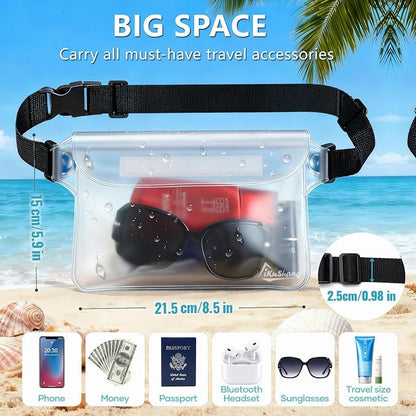 Waterproof Fanny Pack Phone Pouch - 32FT Submersible Triple Zip Lock Dry Bag, Touchscreen Passport Wallet Travel Pouch for Beach Cruise Swimming Kayaking Boating Essentials