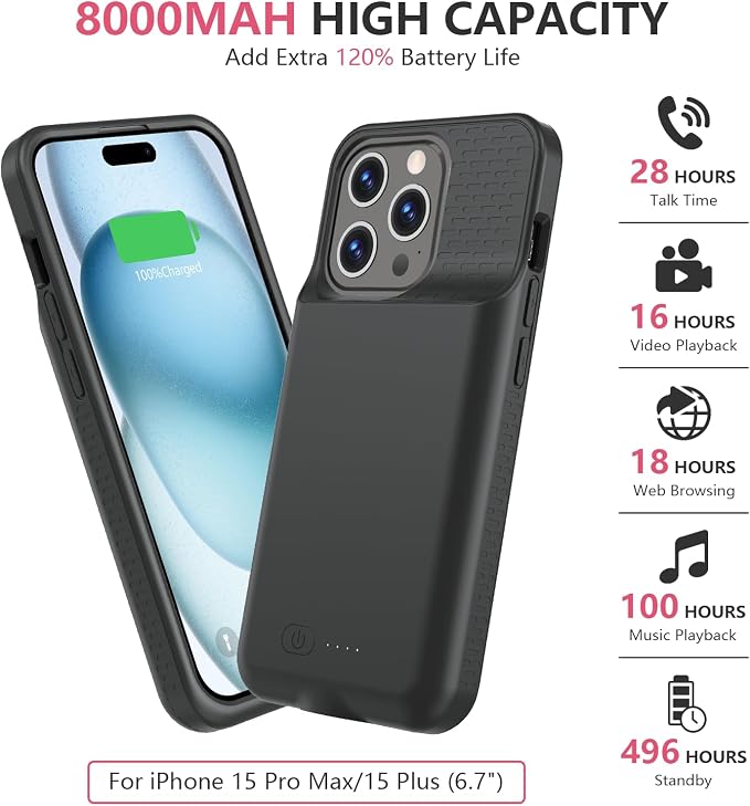 BOPPS Battery Case for iPhone 15 Pro Max/15 Plus【2026 New】 Slim 8000mAh Portable Charger Case 360°Protection Rechargeable Extended Charging case for iPhone 15 Pro Max，iPhone 15 Plus (Black)