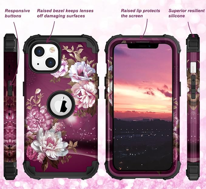Hocase for iPhone 14 Plus Case, Heavy Duty Shockproof Protection Soft Silicone Rubber+Hard Plastic Bumpers Hybrid Protective Case for iPhone 14 Plus 6.7" 2022 - Royal Purple Flowers