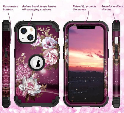 Hocase for iPhone 14 Plus Case, Heavy Duty Shockproof Protection Soft Silicone Rubber+Hard Plastic Bumpers Hybrid Protective Case for iPhone 14 Plus 6.7" 2022 - Royal Purple Flowers