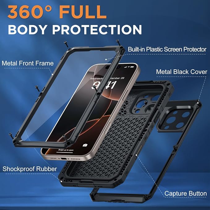 Beasyjoy for iPhone 16 Pro Max Case Waterproof, Metal Heavy Duty Full Body Protective Case with Built-in Screen Protector, Military Grade Shockproof Defender Cover for iPhone 16 Pro Max 6.9", Black