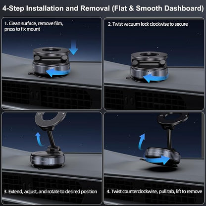 Jikasho Vacuum Magnetic Car Phone Holder for Magsafe, Hands-Free 360° Adjustable Suction Cup Phone Mount for Car/Gym/Mirror/Smooth Surface, Compatible with iPhone & Android (Silver Black)