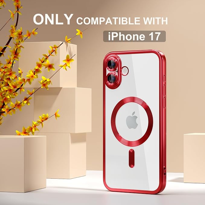 Misea Magnetic for iPhone 17 Case Compatible with MagSafe [Never Yellowing] [Military Grade Drop Protection] Full Camera Lens Protector Plating Soft Clear Phone Case for Women, Red