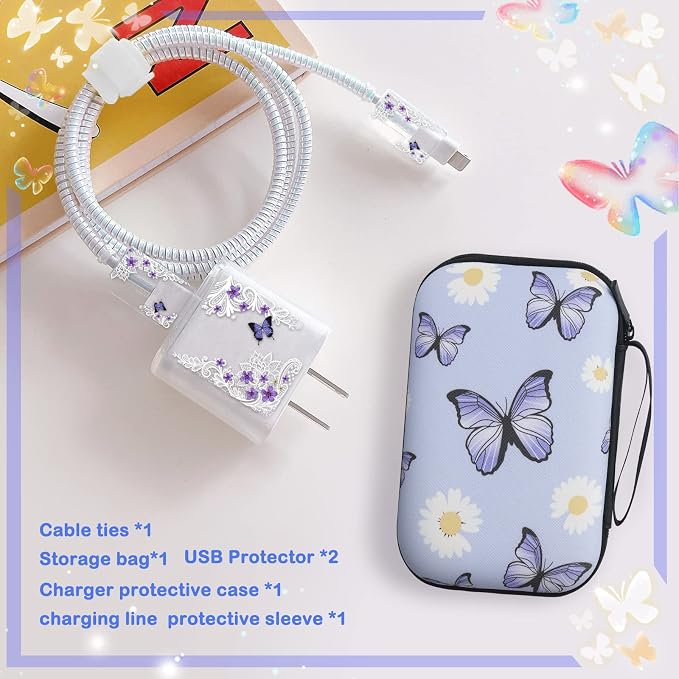 Cute Phone Charger Storage Case Set with Carrying Bag Purple Flowers Floral Butterfly pattern Cable Protector accessories Travel Cable Organizer,Earphone Charger Protector Cover Compatible for iPhone