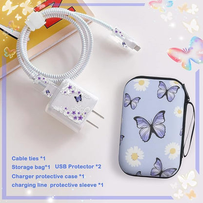 Cute Phone Charger Storage Case Set with Carrying Bag Purple Flowers Floral Butterfly pattern Cable Protector accessories Travel Cable Organizer,Earphone Charger Protector Cover Compatible for iPhone