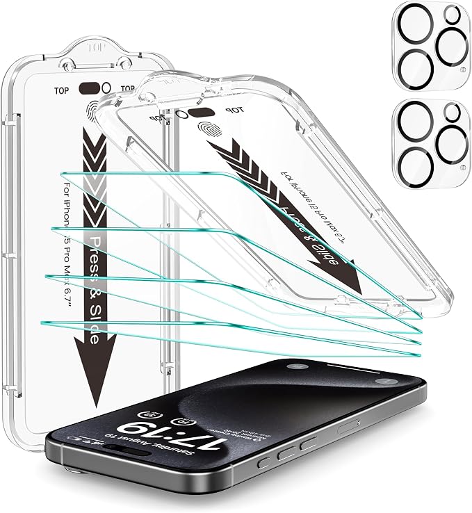 EZ-GLAZ- 4 Pack for iPhone 15 Pro Max Screen Protector [6.7"] With 2 Pack Camera Lens Protector, 9H+ Hardness 12FT Military Grade Shatterproof Scratch Resistant Durable Tempered Glass Film with Flawless Fit Kit, HD Clear