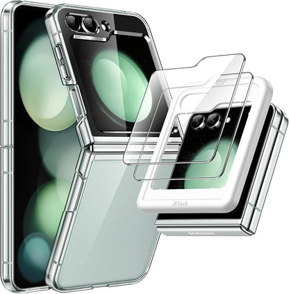 JETech 3 in 1 Case for Samsung Galaxy Z Flip 5, Clear | 2 Tempered Glass Front Screen Protectors, Scratch Resistant, Crystal Transparent Hard PC Shell, Protective Phone Cover