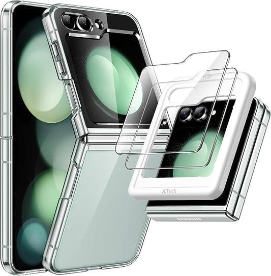 JETech 3 in 1 Case for Samsung Galaxy Z Flip 5, Clear | 2 Tempered Glass Front Screen Protectors, Scratch Resistant, Crystal Transparent Hard PC Shell, Protective Phone Cover