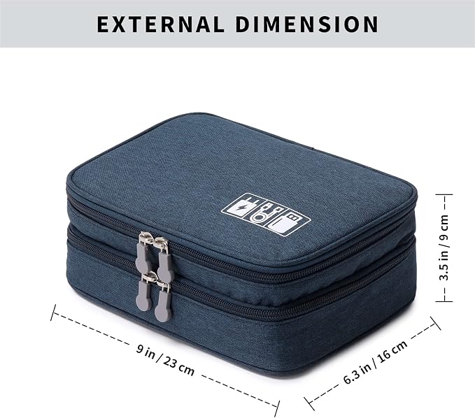 mygreen Electronic Accessories Organizer Bag, Waterproof Double Layer Travel Storage Case with Adjustable Padded Dividers, Portable Hard Pouch for Cables, Charger, Power Bank, Phone, Hard Drive Blue