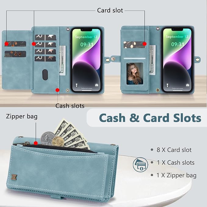 Wallet Case for iPhone 14 with Card Holder/Crossbody Wallet/Strap| RFID Blocking | Magnetic | Kickstand | Detachable | PU Leather Phone Case for iPhone 14,6.1 in,Blue