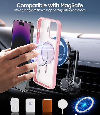 for iPhone 14 Pro Max Case, Compatible with MagSafe, Built-in Camera Ring Stand, with Individual Camera Cover, Translucent Matte Military-Grade Drop Protection Magnetic Case, Pink