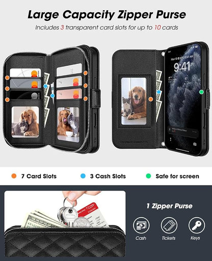 OCASE for iPhone 17 Pro Crossbody Wallet Case - Stylish PU Leather Handbag Phone Purse with Zipper Closure, Card Slots & RFID Blocking - Wrist Strap, Lanyard, Kickstand - Diamond Check Black