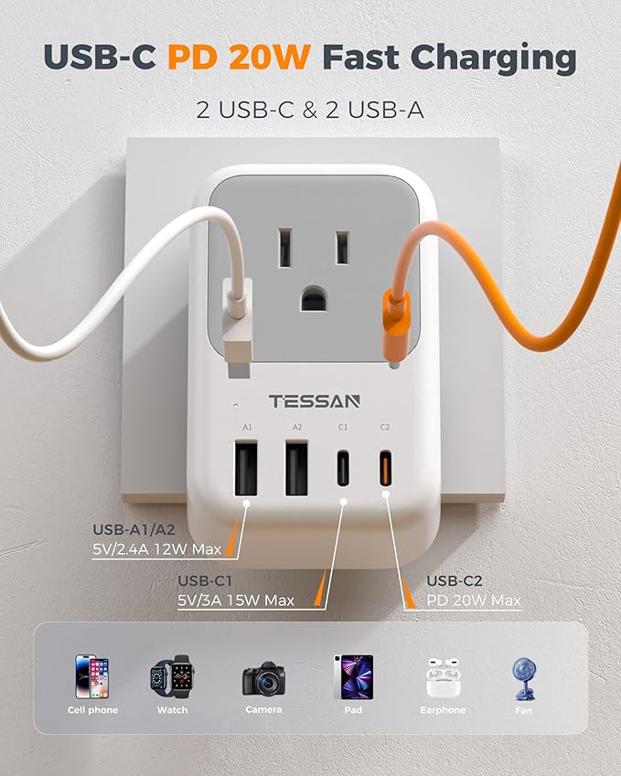 Type G Adapter for Travel 2 Pack, TESSAN PD 20W US to UK Plug Adapter with 4 AC Outlets 4 USB Ports (2 USB C), Ireland Power Adaptor for USA to England London British Scotland Dubai Hong Kong Kenya