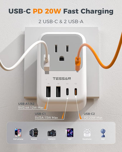 Type G Adapter for Travel 2 Pack, TESSAN PD 20W US to UK Plug Adapter with 4 AC Outlets 4 USB Ports (2 USB C), Ireland Power Adaptor for USA to England London British Scotland Dubai Hong Kong Kenya