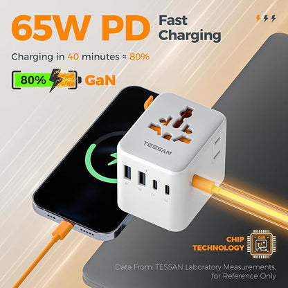 TESSAN Universal Travel Adapter 65W GaN, International Power Adapter | Extra 2 Prong AC Outlet, 5 USB Ports (3 USB C), Worldwide Plug Adaptor, US to Europe UK Australia Ireland, Type C G A I