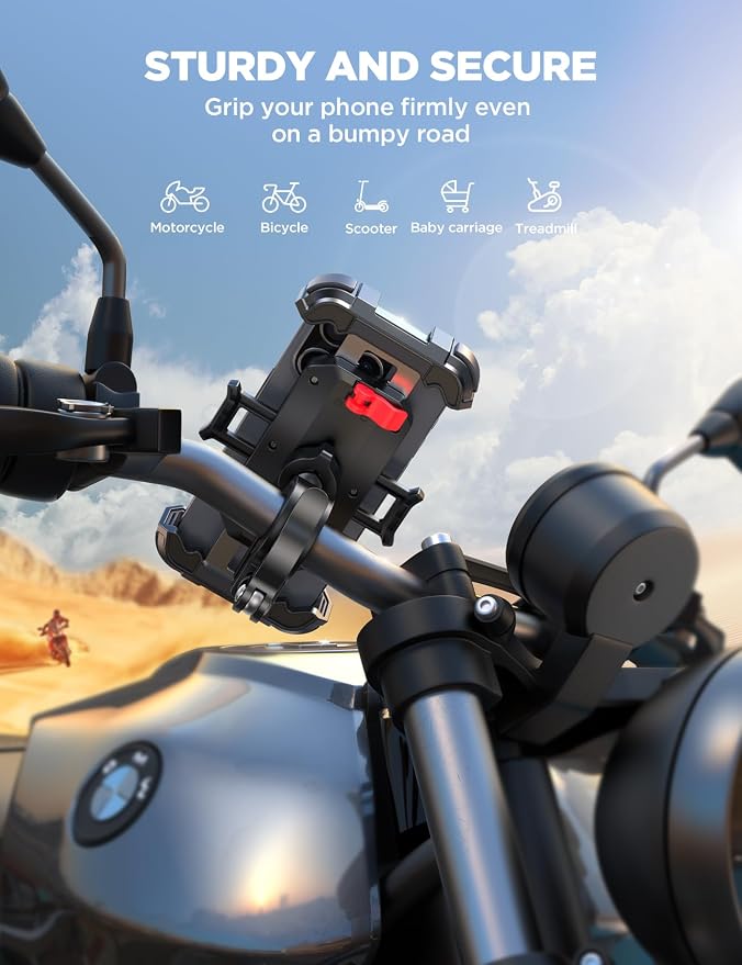 JOYROOM Motorcycle Phone Mount Holder, [Metal Tie Rod][1s Auto Lock] Bike Phone Mount Holder Handlebar Clamp - [No Shake] Bicycle E-Bike Scooter Phone Holder for iPhone 16/15 Pro Max and so on