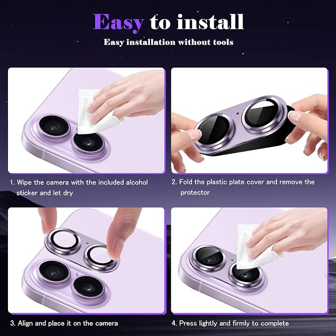 Camera Lens Protector for iPhone 17 Camera Lens Protector [Strong Adsorption] [Not Easy to Break] Metal Tempered Glass Rear Camera Screen Cover - Purple