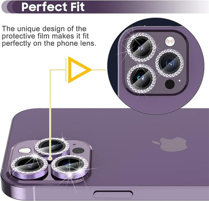 Suoman for iPhone 14 Pro Max / 14 Pro Camera Lens Protector, [Diamonds Bling] 9H Tempered Glass, Full Coverage Metal Protective Cover - Diamond Purple