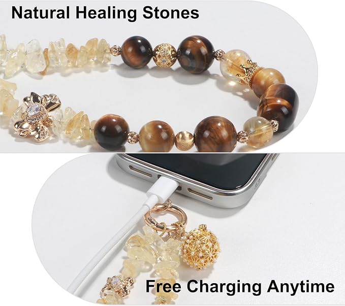 TEAMOLA Natural Stone Phone Charm, Handmade Crystal Cellphone Chain for Universal, Beaded Healing Anti Theft Phone Wrist Strap with Tether Tab, Citrine & Tiger's Eye & Aromatic Ball Pendant