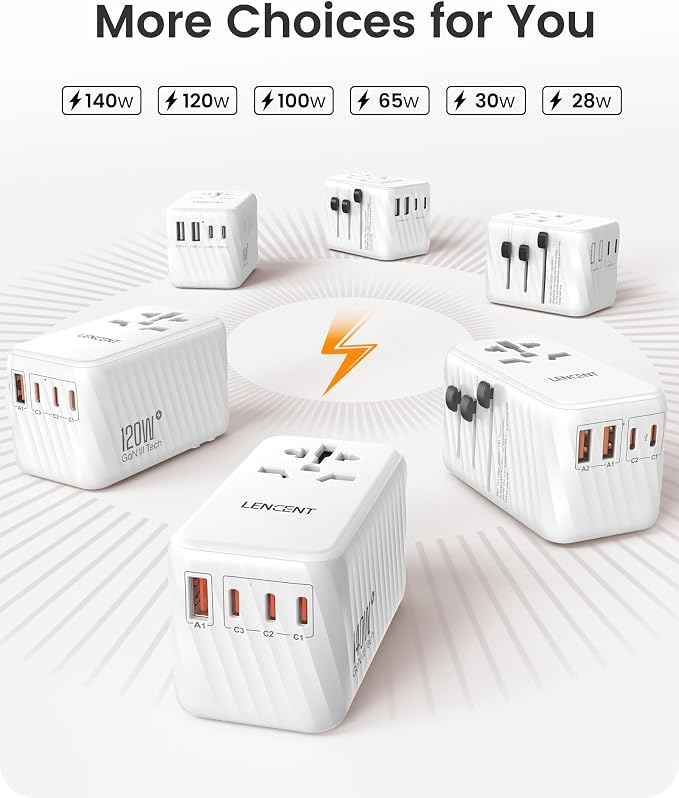 LENCENT Universal Travel Adapter, 100W GaN International Fast Charger | with 2 PD3.0 Type C+2 USB A, Worldwide Power Adaptor for Phones,Laptops, All in One Travel Essentials for EU/USA/UK/AU, White