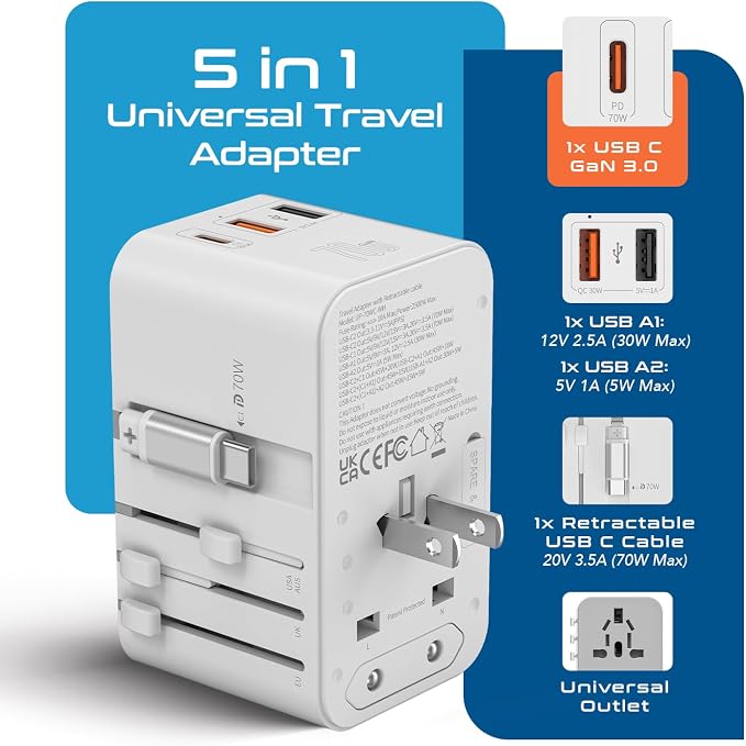 Ceptics 70W Universal Adapter, USB-C Cable, 3 USB Ports & Universal Socket | 5 in 1 Design, Universal Travel Adapter for USA, EU, UK, AU & more, Type A, C, G & I Plugs, 25.6" Retractable USB-C Cable