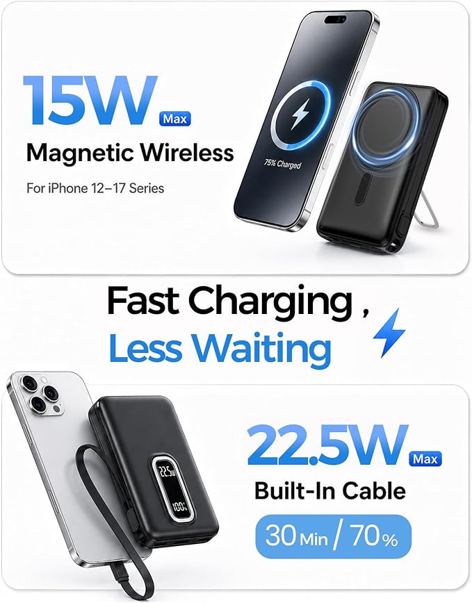 for MagSafe Power Bank iPhone,22.5W Fast Charging Magnetic Portable Charger | Detachable Built-in USB-C,Foldable Stand,14N Strong Magnetic Hold,4-Device Charging,10000mAh Wireless Power,LED Display,White