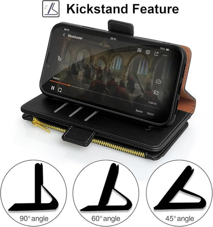 Antsturdy Compatible with iPhone 16 Plus Wallet Case,RFID Blocking PU Leather Phone Case Women Men Kickstand flip Cover Wrist Strap Zipper Credit Card Holder Slots for Apple 16 Plus 6.7",Black