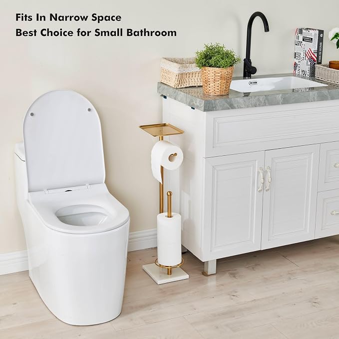 Toilet Paper Holder with Tray at The Top, Sturdy Marble Base No Wobby, Holding Extra 3 Toilet Paper Rolls As Spare Use, Freestanding No Drilling (Gold)