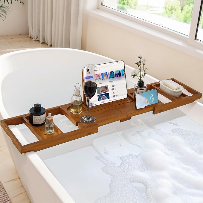 Teak Bathtub Tray, Luxury Bath Table Tray with Wine Glass and Phone Holders & Book Stand, Foldable Wooden Bathtub Caddy for Home Spa Relaxation, Bath Gift for Women（Natural Teak）