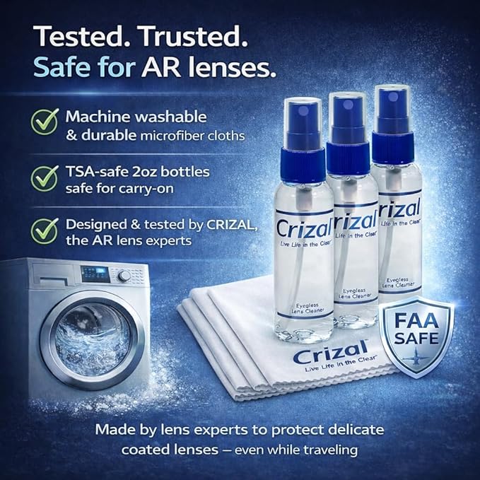 Lens Cleaning Kit – 3 Cloths +3 Solutions – Designed & Tested for AR-Coated Lenses – Complete AR Lens Care System