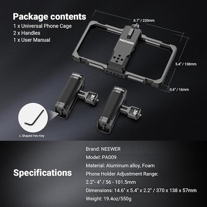 NEEWER Upgraded Phone Rig Vlogging Kit, Video Stabilizer with Dual Handle, Wireless Mic Clip Slot for TikTok YouTube, Compatible with SmallRig iPhone 17 Pro Max 16 16e 15 Galaxy S25 Ultra, PA009