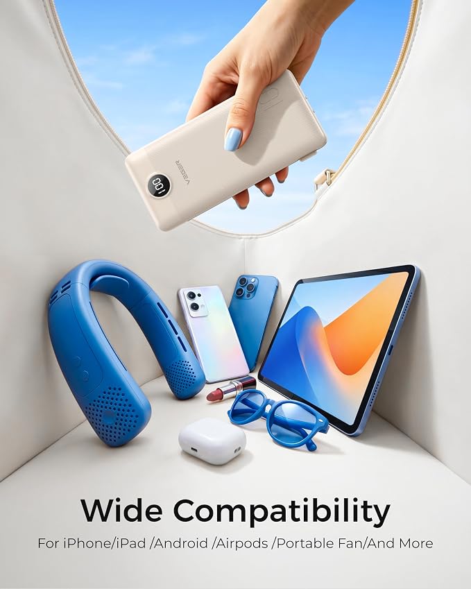 VEGER Portable Charger with Built-in AC Plug and Cables, All in One 10000mAh Ultra Slim Power Bank Travel Essentials, USB C External Battery Pack Compatible with iPhone, Samsung, More, Coffee